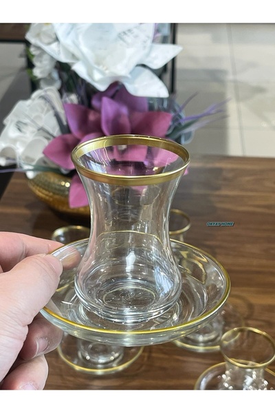 Paşabahçe Classic Series Gilded Tea Set for 6 People Gift, Dowry Box