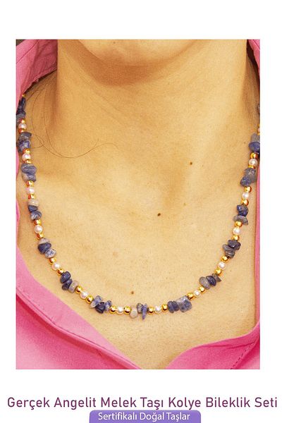 Tesbih Atölyesi Certified Pearl Angelite - Natural Stone Necklace Bracelet Set with Angel Stones