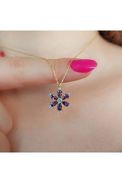 RM Bijuteri Steel Lotus Necklace - Amethyst Stone Detail