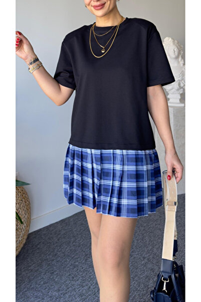 Laluvia Námořnicky modré skládané sukně s krátkým rukávem