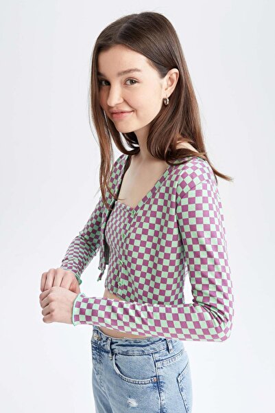 DeFacto Slim Fit Dar Kesim Dama Desenli V Yaka Crop Hırka X4848az22sm