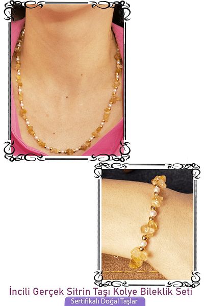 Tesbih Atölyesi Certified Pearl and Citrine Stone Natural Stone Necklace Bracelet Set