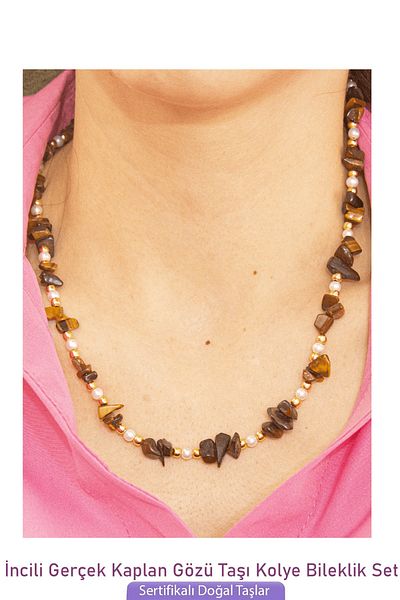 Tesbih Atölyesi Certified Pearl and Tiger Eye Stone Natural Stone Necklace Bracelet Set