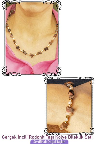 Tesbih Atölyesi Certified Pearl and Rhodonite Stone Natural Stone Necklace Bracelet Set