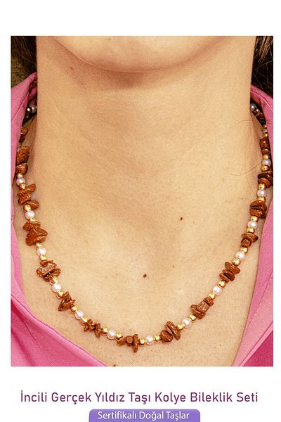 Tesbih Atölyesi Certified Pearl and Brown Star Natural Stone Necklace Bracelet Set