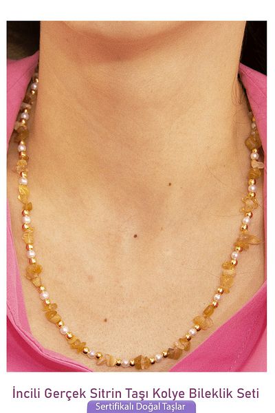 Tesbih Atölyesi Certified Pearl and Citrine Stone Natural Stone Necklace Bracelet Set