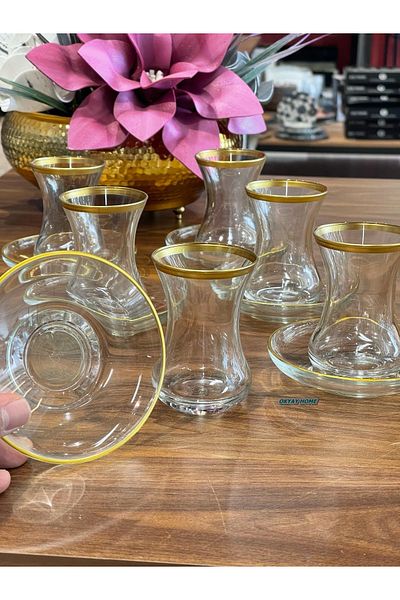 Paşabahçe Classic Series Gilded Tea Set for 6 People Gift, Dowry Box