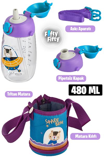 Uzspace 480 ml Tritan Children's Water Bottle with Case and 2 Separate Lids with/without Straw