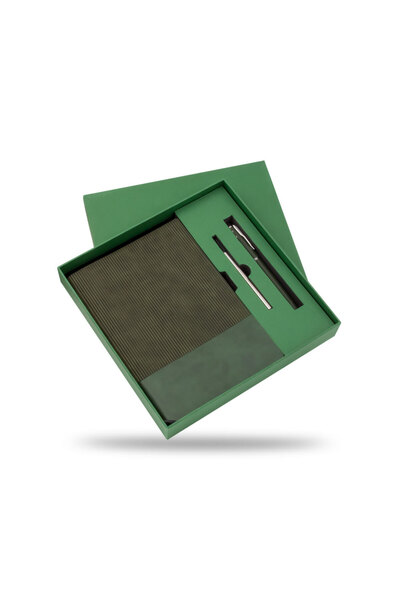 Lüks Defter & Kalem Seti – Şık Kutuda Dokulu Kapak & Metal Kalem