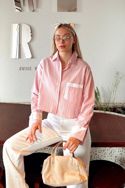 Swist Pink Striped Women's Crop Shirt with Cuff Detail Pockets