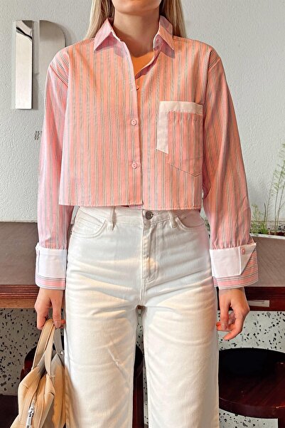 Swist Pink Striped Women's Crop Shirt with Cuff Detail Pockets