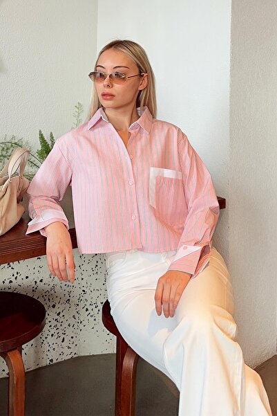 Swist Pink Striped Women's Crop Shirt with Cuff Detail Pockets