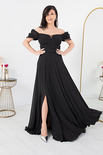 PULLIMM Straplez Yırtmaçlı Şifon Elbise DNS1591