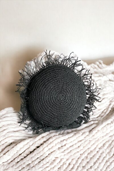 Doryan Home Bohem Hawaii Hasır Siyah Dolgulu Kağıt Ip Örgü Püsküllü Saçaklı Yuvarlak Dekoratif Kırlent 40cm
