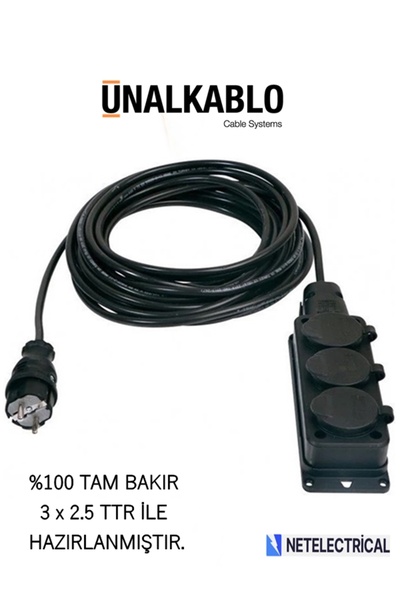 ünal kablo Kauçuk Üçlü (3'LÜ) 10 Metre 3x2.5 Ttr Kablolu Grup Priz
