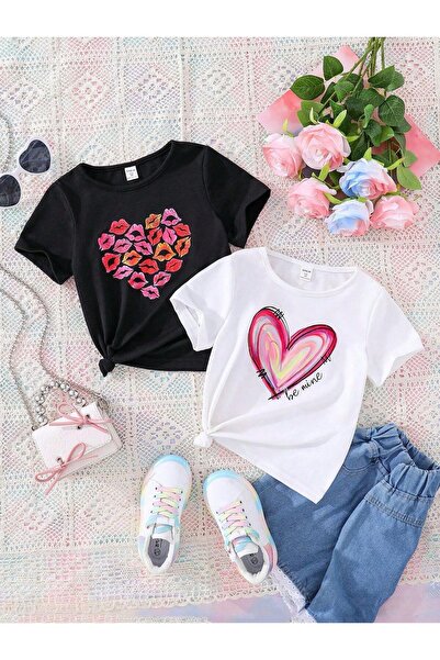 MORNİNG KİDS Girl's Heart Kiss Printed 2-Pack T-Shirt