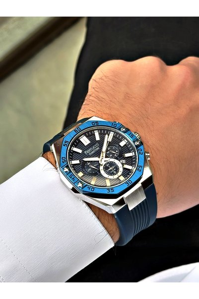 Ferrucci Navy Blue Color Silicone Cord Function Men's Wristwatch with Bracelet Gift
