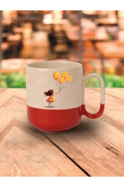 lili hediyelik Balloon Girl Themed Red Based Mug Cup - Ceramic Tea, Coffee Gift Cup