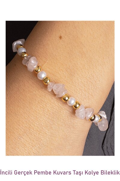 Tesbih Atölyesi Certified Pearl and Pink Quartz Stone Natural Stone Necklace Bracelet Set