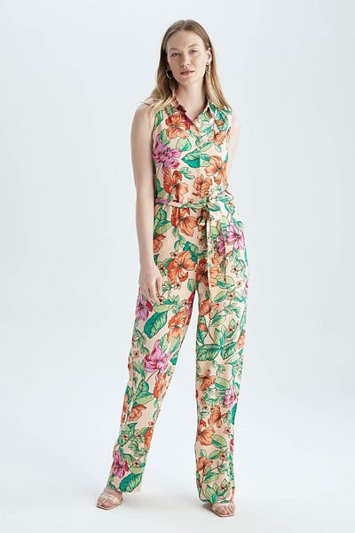 DeFacto Long Shirt Collar Floral Patterned Sleeveless Jumpsuit - Y8589az22hs