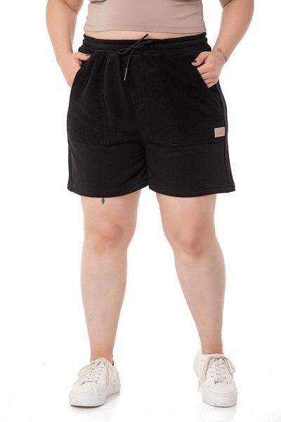 DISENTIS MODEST Large Size Garnished Three Thread Pocket Black Shorts with Elastic Waist and Tie Detail