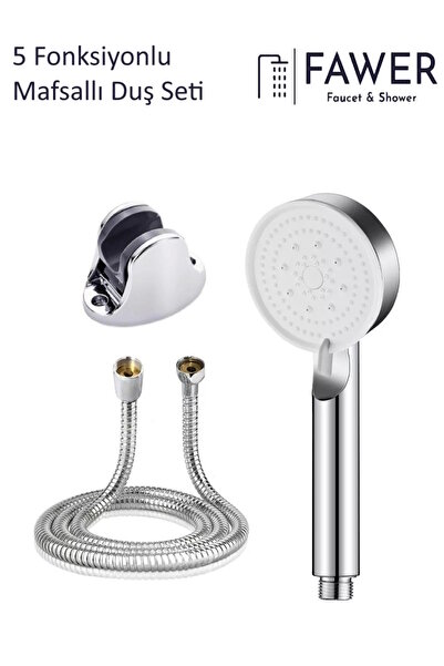 FAWER Faucet & Shower Fawer 5 Fonksiyonlu Krom Mafsallı Duş Seti Duş Başlığı