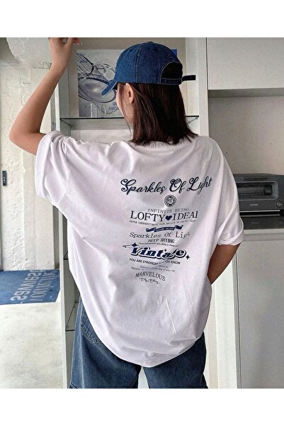 LOUİSA Kadın Beyaz Vintage Sırt Baskılı Bisiklet Yaka Oversize Tişört