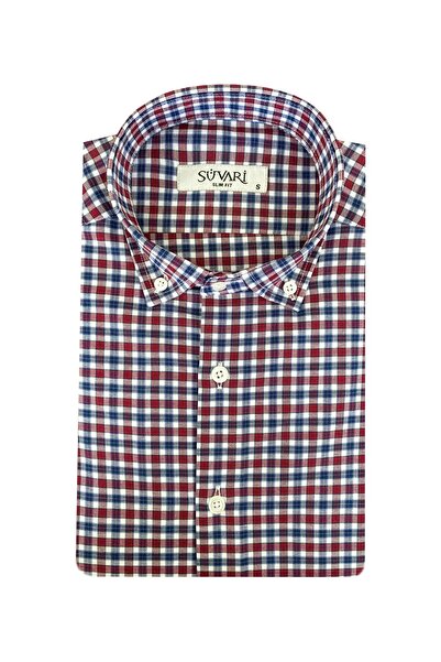 SÜVARİ Ανδρικό πουκάμισο με κοντό μανίκι Cavalier Slim Fit με μπορντό σχέδιο