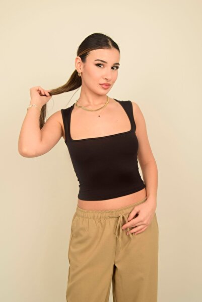 DANZY Siyah Kare Yaka Askılı Poliamid Süprem Body