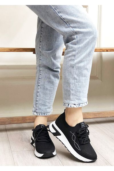 Afilli Women's Black Thick White Platform Sole Knitwear Stoned Shiny Light Walking Casual Sneaker Sports Shoes