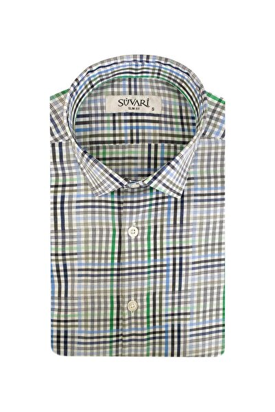 SÜVARİ Ανδρικό πουκάμισο με κοντό μανίκι Cavalier Slim Fit με πράσινο σχέδιο