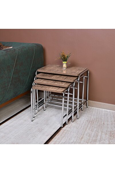 Ejder metal Ceviz Renkli Mermer 4 'lü Zigon Sehpa 1. Kalite Krom Nikelaj Salon Mutfak Oda