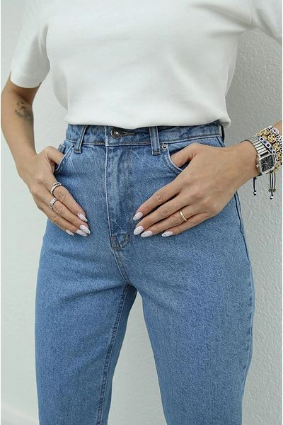 JILLY Dlb Indigo Mid Snow Blue Mom Jean Detaliu cu talie înaltă Blugi prietenos Blugi albaștri