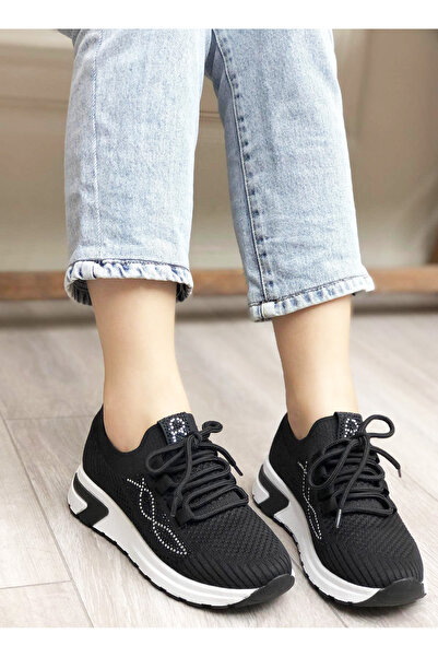 Afilli Жіночі чорні товсті білі платформи трико з камінням, блискучі, легкі, для щоденних прогулянок, кросівки, спортивне взуття