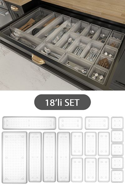 Meleni Home Αρθρωτό σετ 18 - Διαφανής θήκη για κουτάλια και οργάνωση μαχαιριών, κουτάλι για πιρούνι οργάνωσης