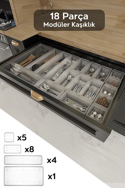 Meleni Home Αρθρωτό σετ 18 - Διαφανής θήκη για κουτάλια και οργάνωση μαχαιριών, κουτάλι για πιρούνι οργάνωσης