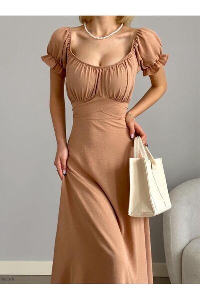 Esinty فستان نسائي من قماش أيروبين برقبة على شكل حرف U وسحاب خلفي وحزام (لون)