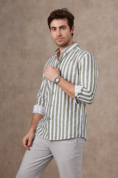 RAVANELLI Çizgili Modern Slim Fit Keten Görünümlü %100 Pamuk Uzun Kol Erkek Gömlek