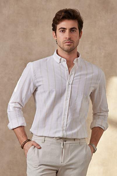 RAVANELLI Striped Modern Slim Fit Linen Long Sleeve Men's Shirt