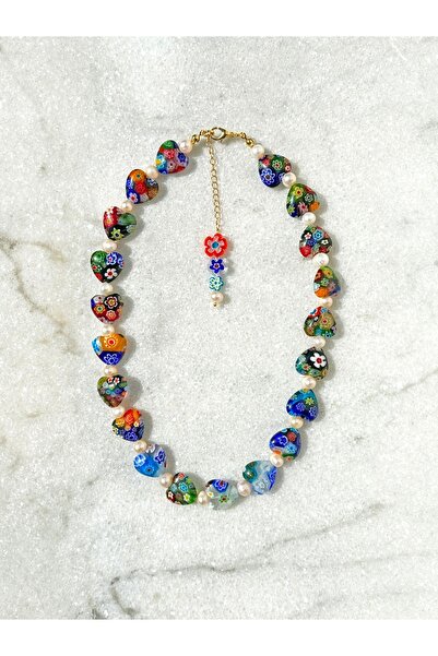 Jua Concept Bloove Necklace - Kalp Çiçekli Cam ve İnci Boncuklu Altın Kaplama...