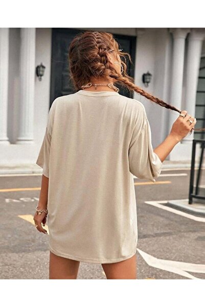 khufu ΚΑΦΕ Μπλουζάκι Unisex με στάμπα μπεζ Oversize Loose Cut