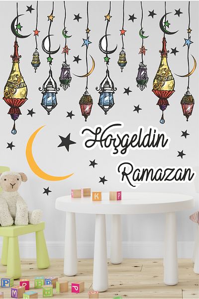 Grafikup Set de autocolante de perete din sticlă colorată cu tematică Ramadan - Bun venit, lămpi și stele