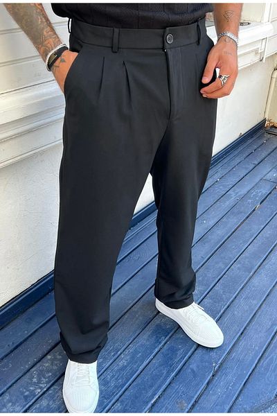 çerme Ανδρικό υφασμάτινο παντελόνι με μαύρη πλισέ φαρδιά εφαρμογή