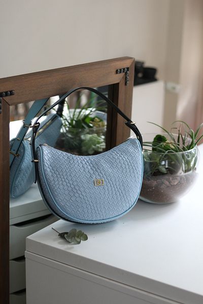 Moom Bag Geantă de umăr cu curea dublă tricotată albastră pentru femei