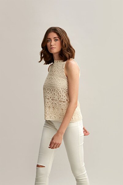 By Mare Style Loretta Top - Sleeveless Patterned, Natural Colored Cotton Embroidery Blouse