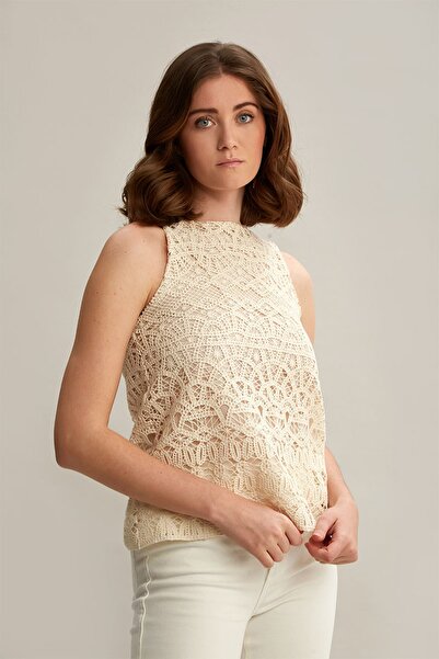 By Mare Style Loretta Top - Sleeveless Patterned, Natural Colored Cotton Embroidery Blouse