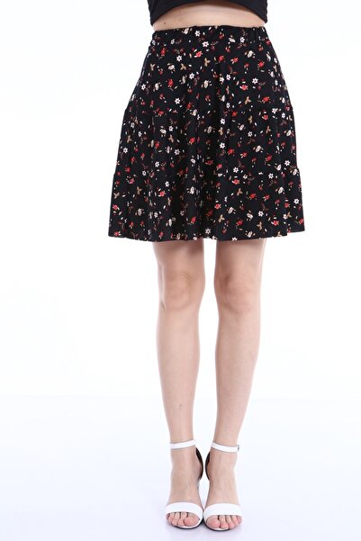 KİM Kİ O Дамска черна пола с волан и флорален мотив