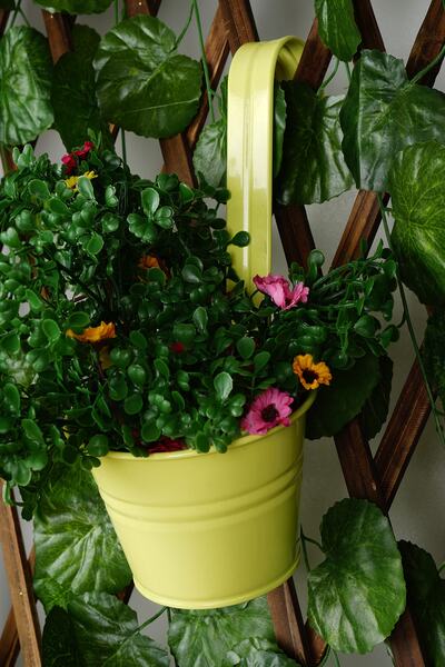 bimbambom Askılı Ferforje Renkli Saksı, Duvar Saksısı, Küpeşte Saksı Sarı