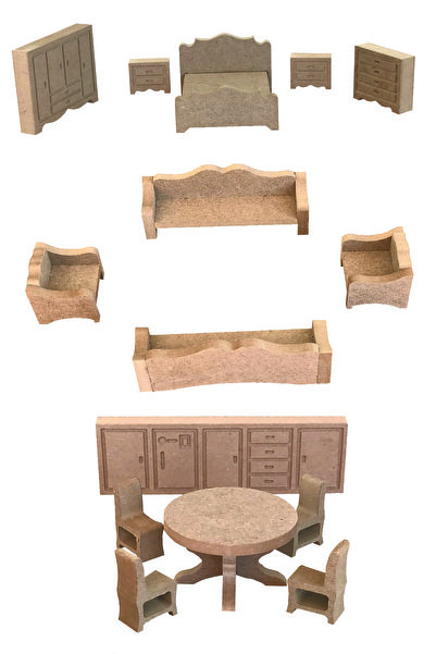 Buradadavar Hobi Ahşap Barbie Bebek Mobilya Takımı Oyun Evi 15 Parça