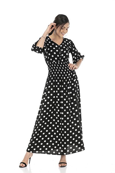 DISENTIS MODEST Rochie lungă neagră cu decolteu în V și buline albe - cu mâne...